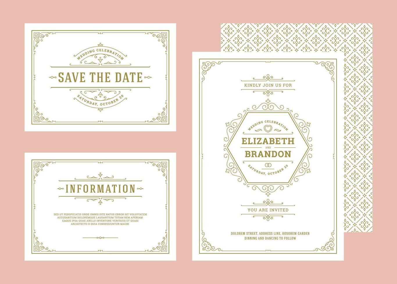 Set wedding invitations flourishes ornaments cards invite with thank you and response design vector