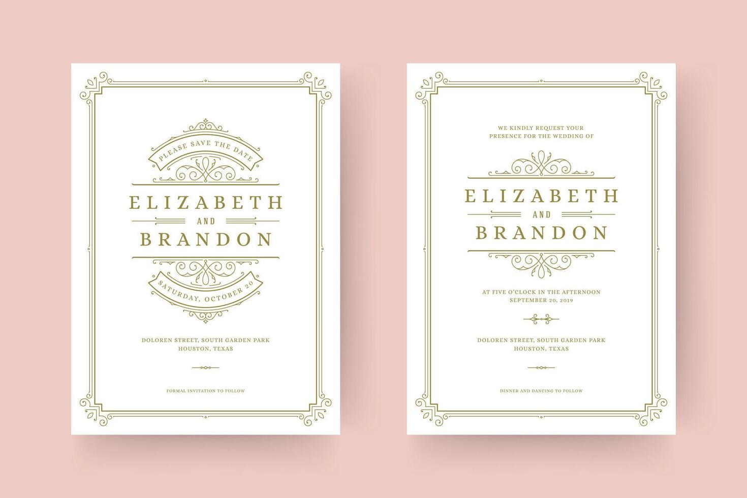 Wedding invitation and save the date cards flourishes ornaments vignette swirls. vector