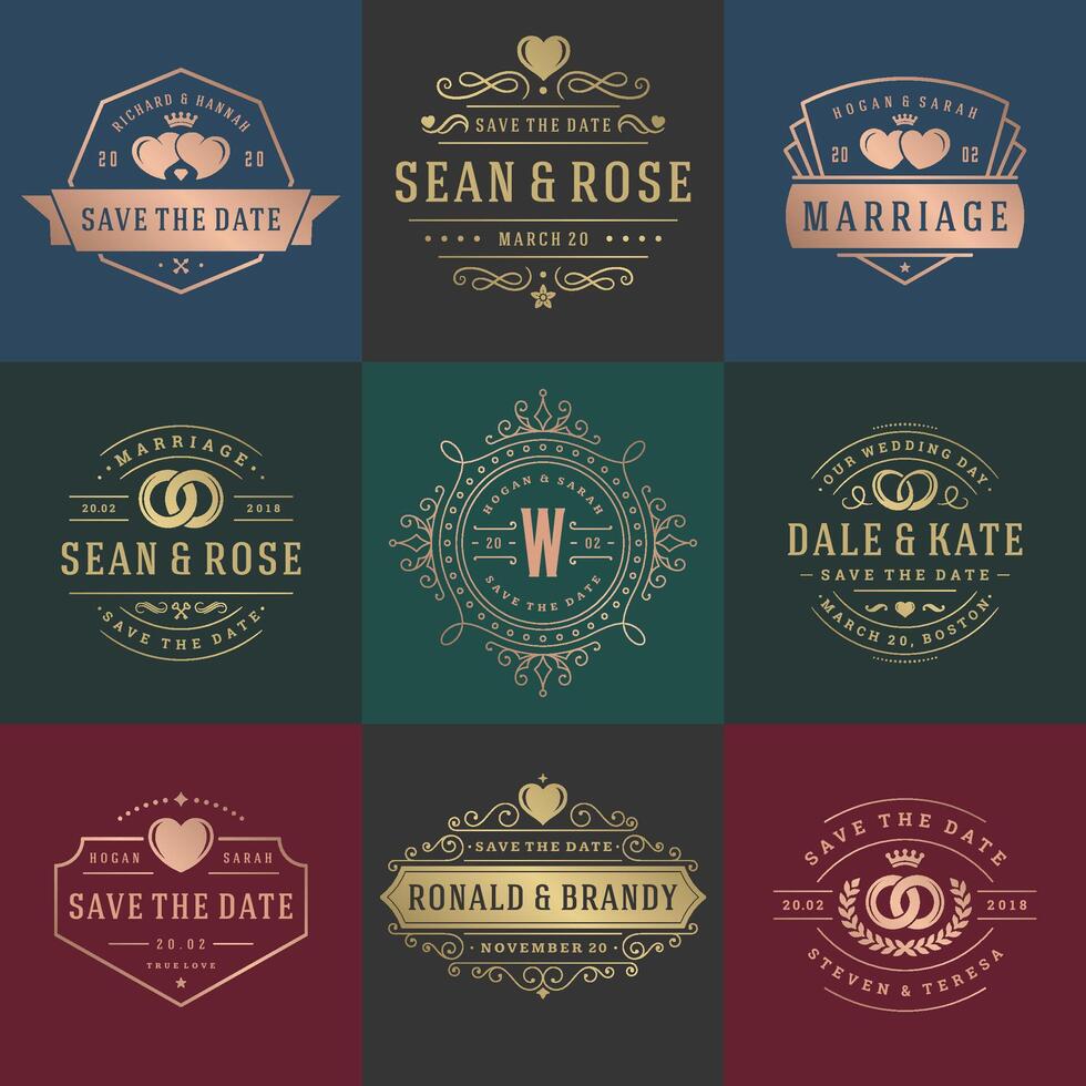Wedding invitations save the date titles and labels elegant elements set. vector