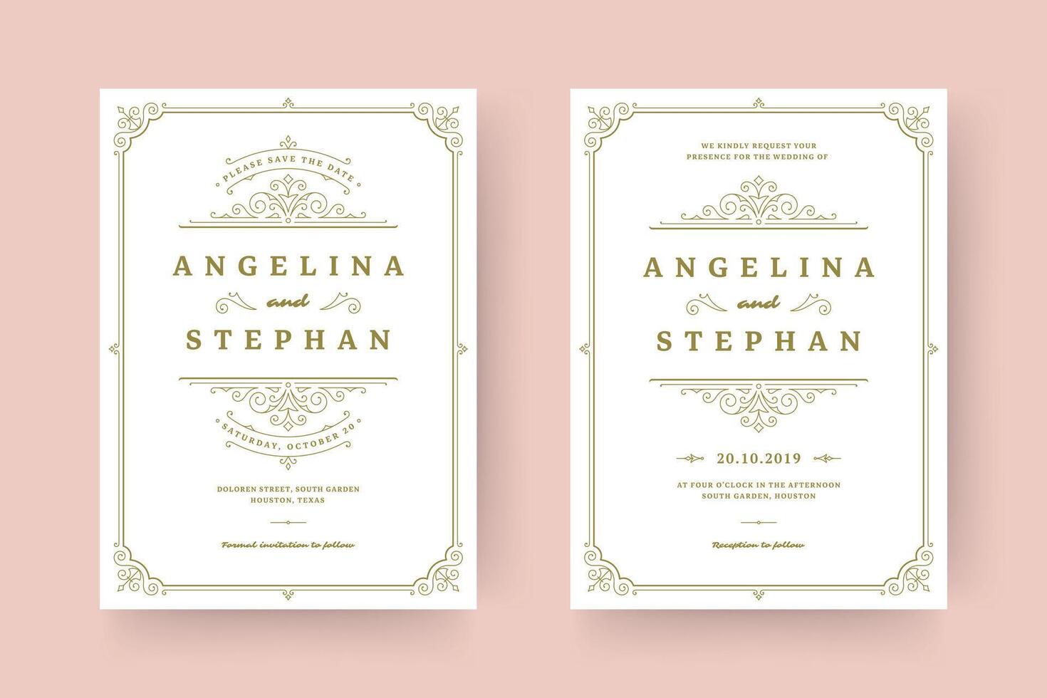 Wedding invitation save the date card template elegant flourishes ornaments vignette swirls illustration vector