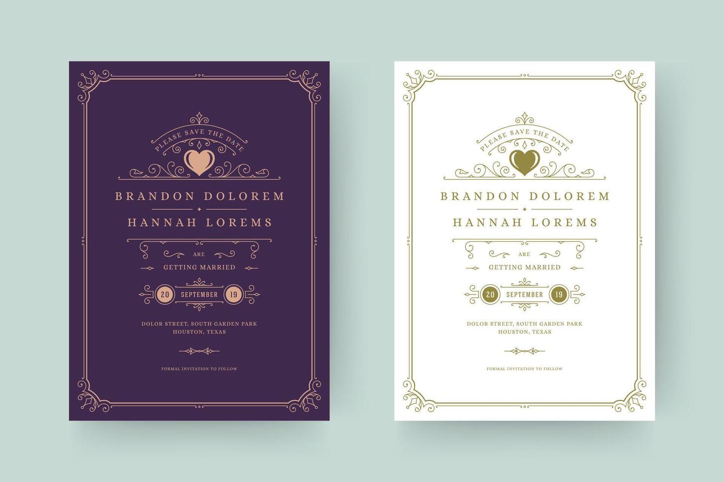 Wedding invitation save the date card template elegant flourishes ornaments vignette swirls illustration. vector
