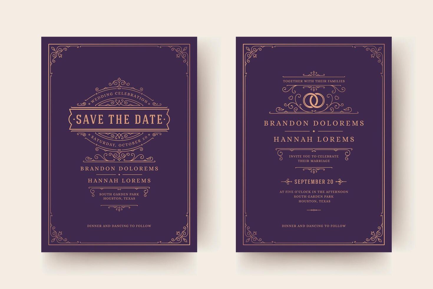 Wedding invitation and save the date cards flourishes ornaments vignette swirls. vector