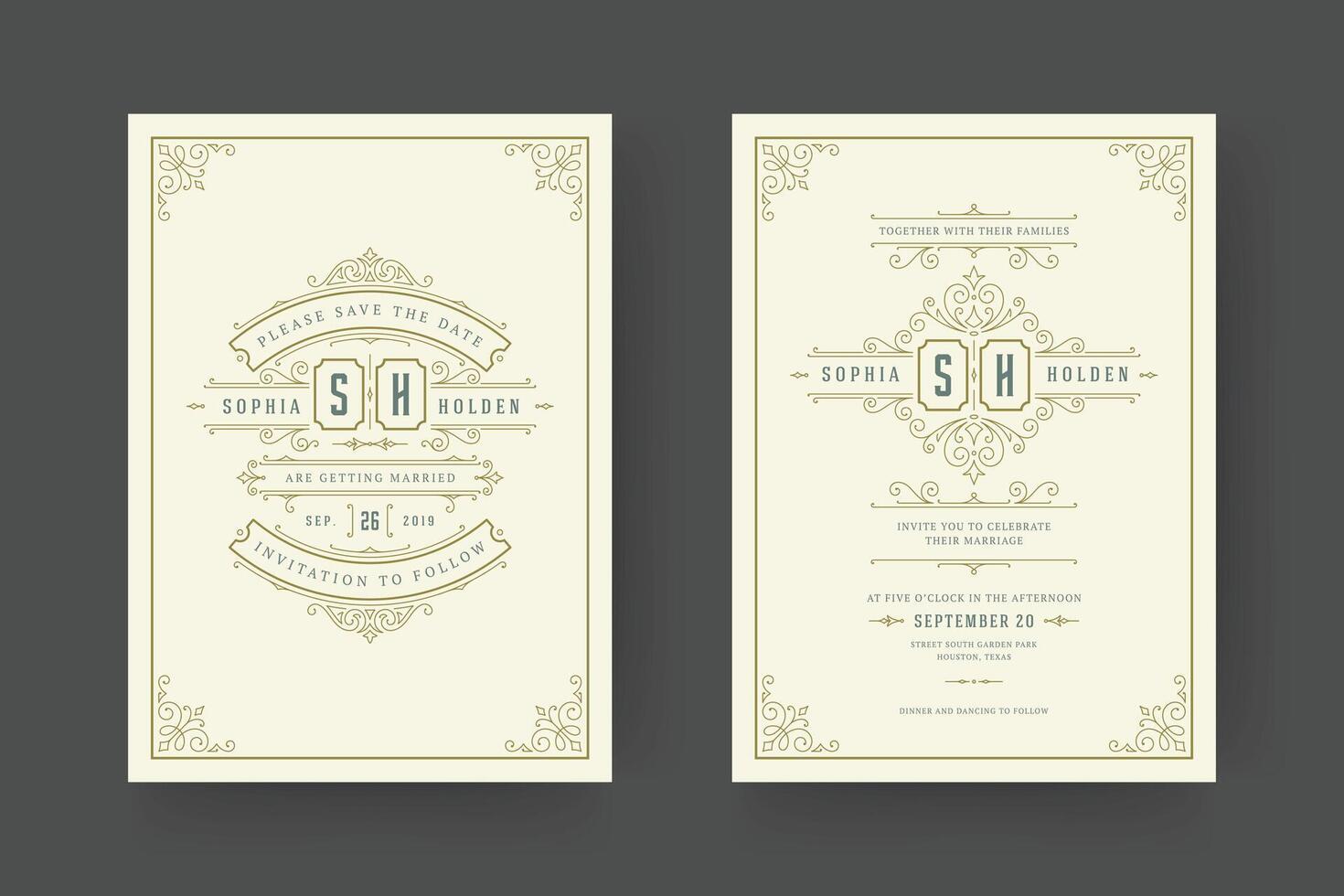 Wedding invitation and save the date cards flourishes ornaments vignette swirls. vector