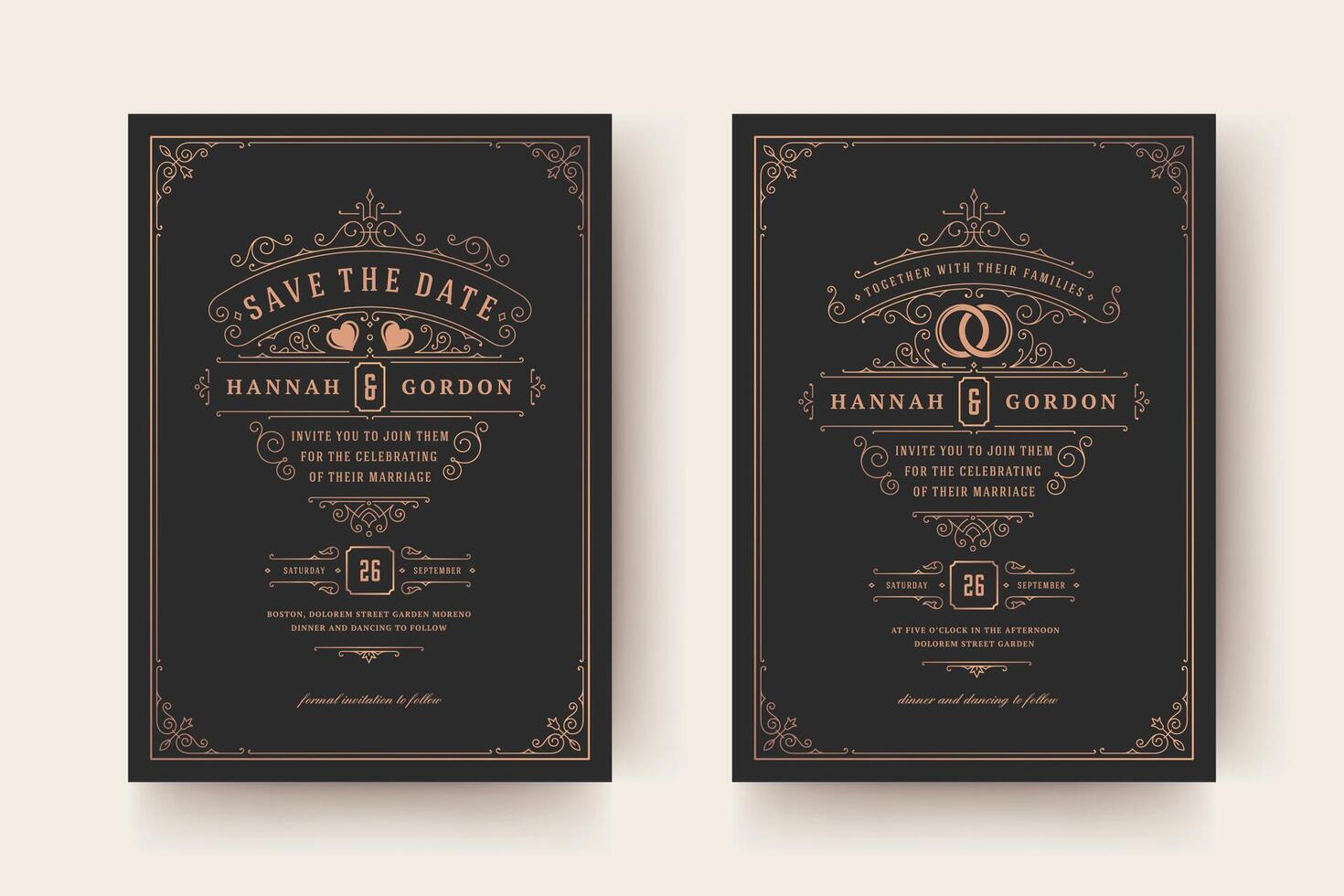Wedding invitation save the date card template elegant flourishes ornaments vignette swirls illustration vector