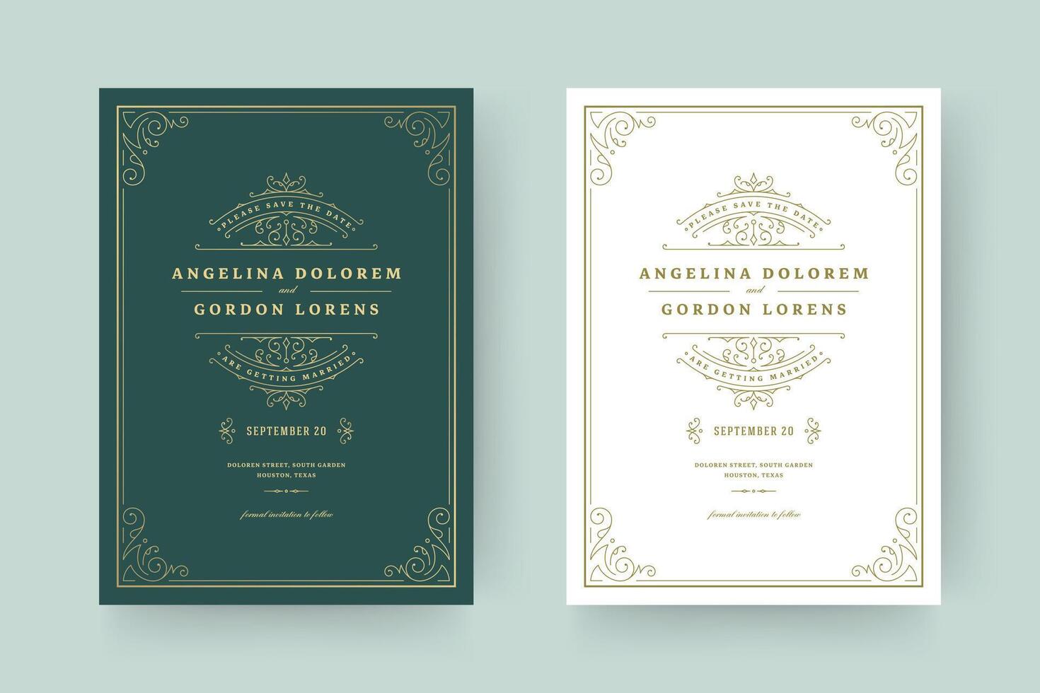Wedding invitation save the date card template elegant flourishes ornaments vignette swirls illustration. vector