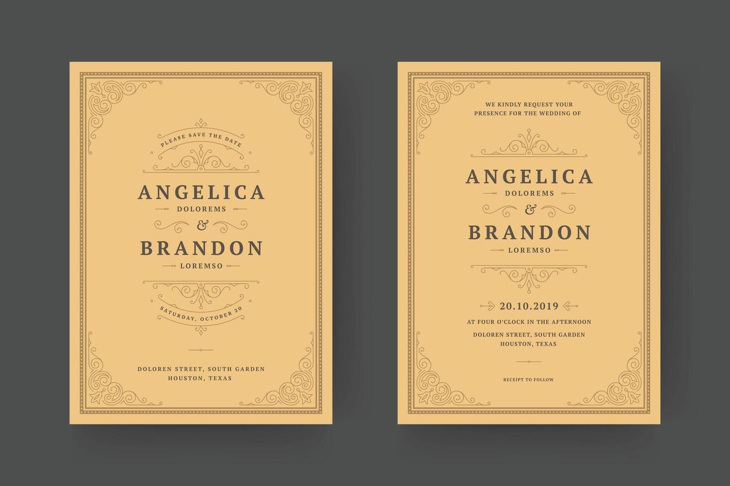 Wedding invitation save the date card template elegant flourishes ornaments vignette swirls illustration vector