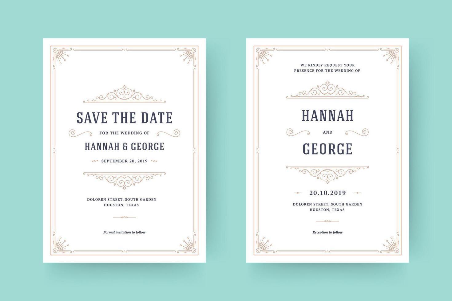 Wedding invitation and save the date cards flourishes ornaments vignette swirls vector