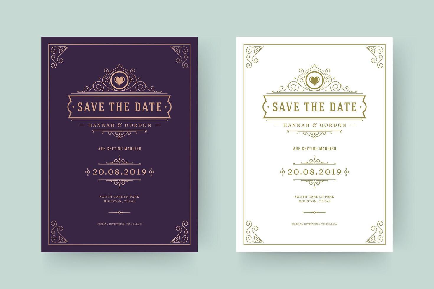 Wedding invitation save the date card template elegant flourishes ornaments vignette swirls illustration vector