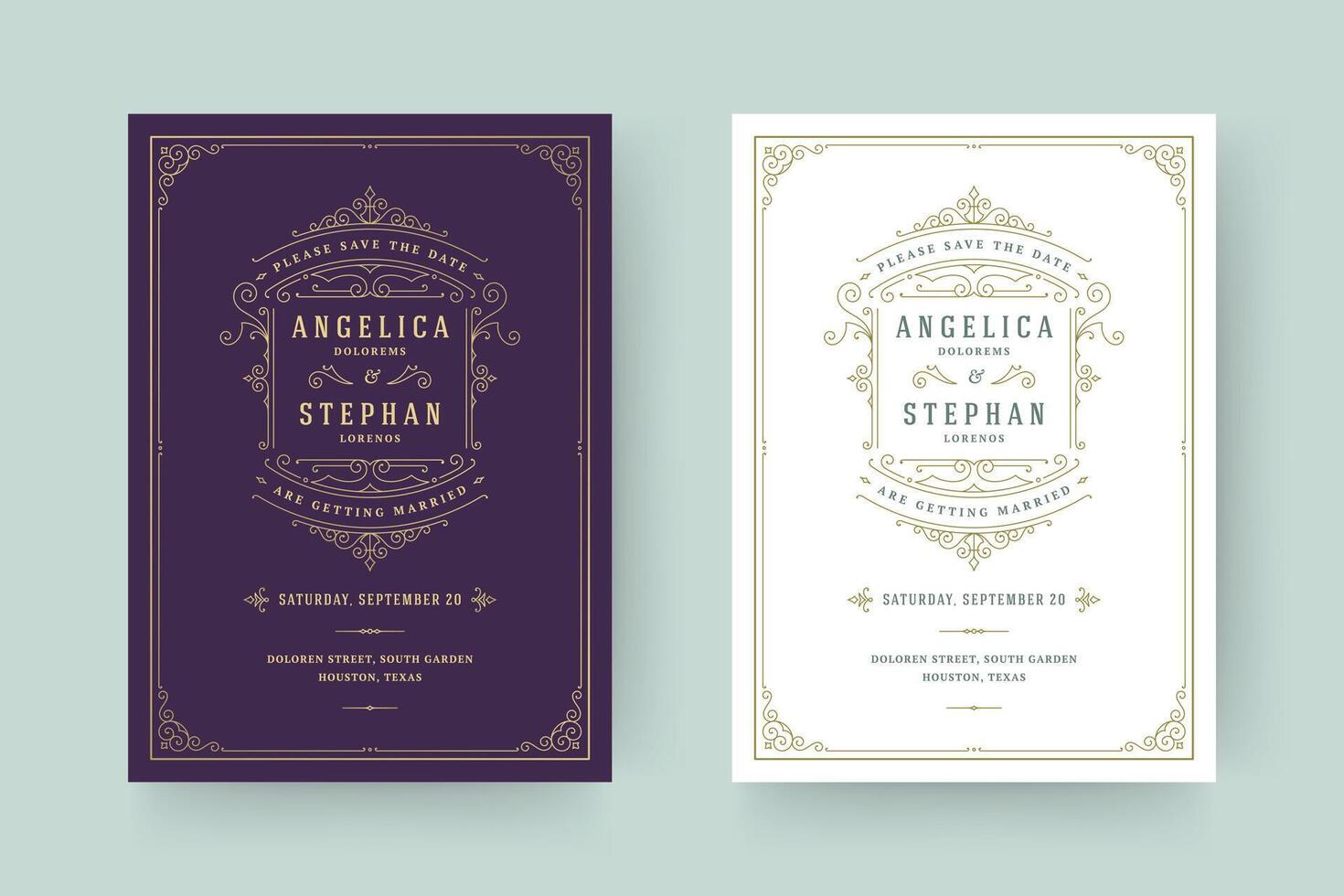 Wedding invitation save the date card template elegant flourishes ornaments vignette swirls illustration. vector