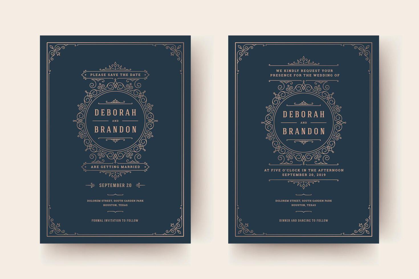 Wedding invitation and save the date cards flourishes ornaments vignette swirls. vector