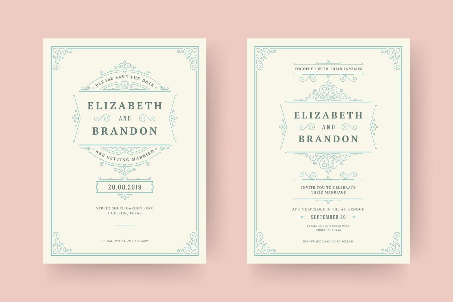 Wedding invitation and save the date cards flourishes ornaments vignette swirls. vector