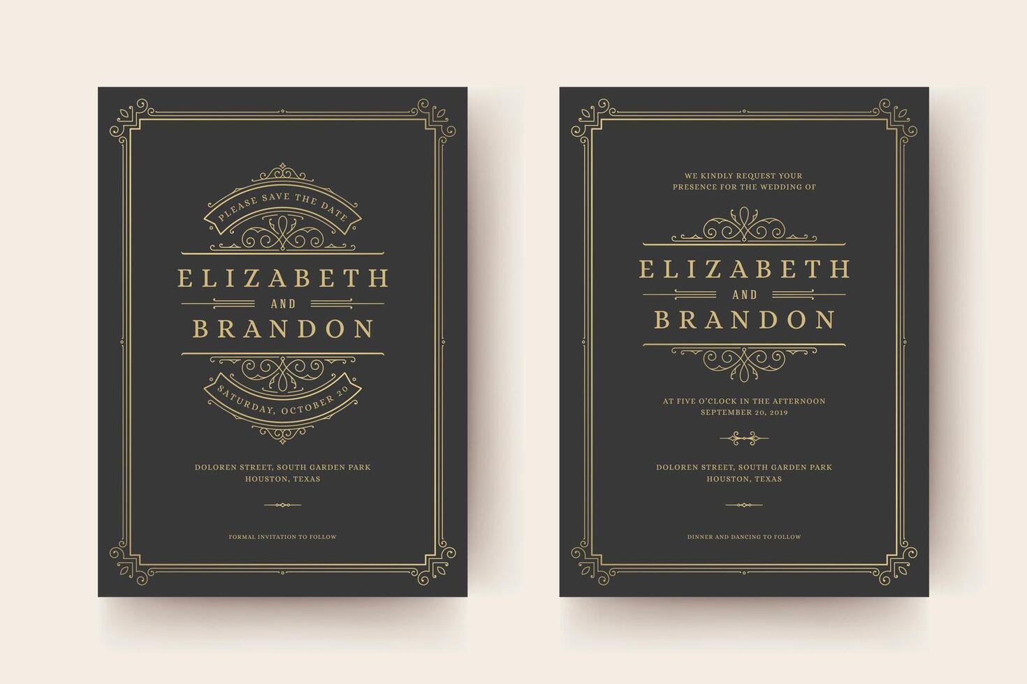 Wedding invitation and save the date cards flourishes ornaments vignette swirls. vector