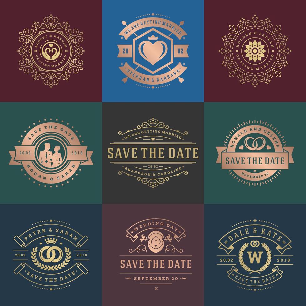 Wedding invitations save the date titles and labels elegant elements set. vector