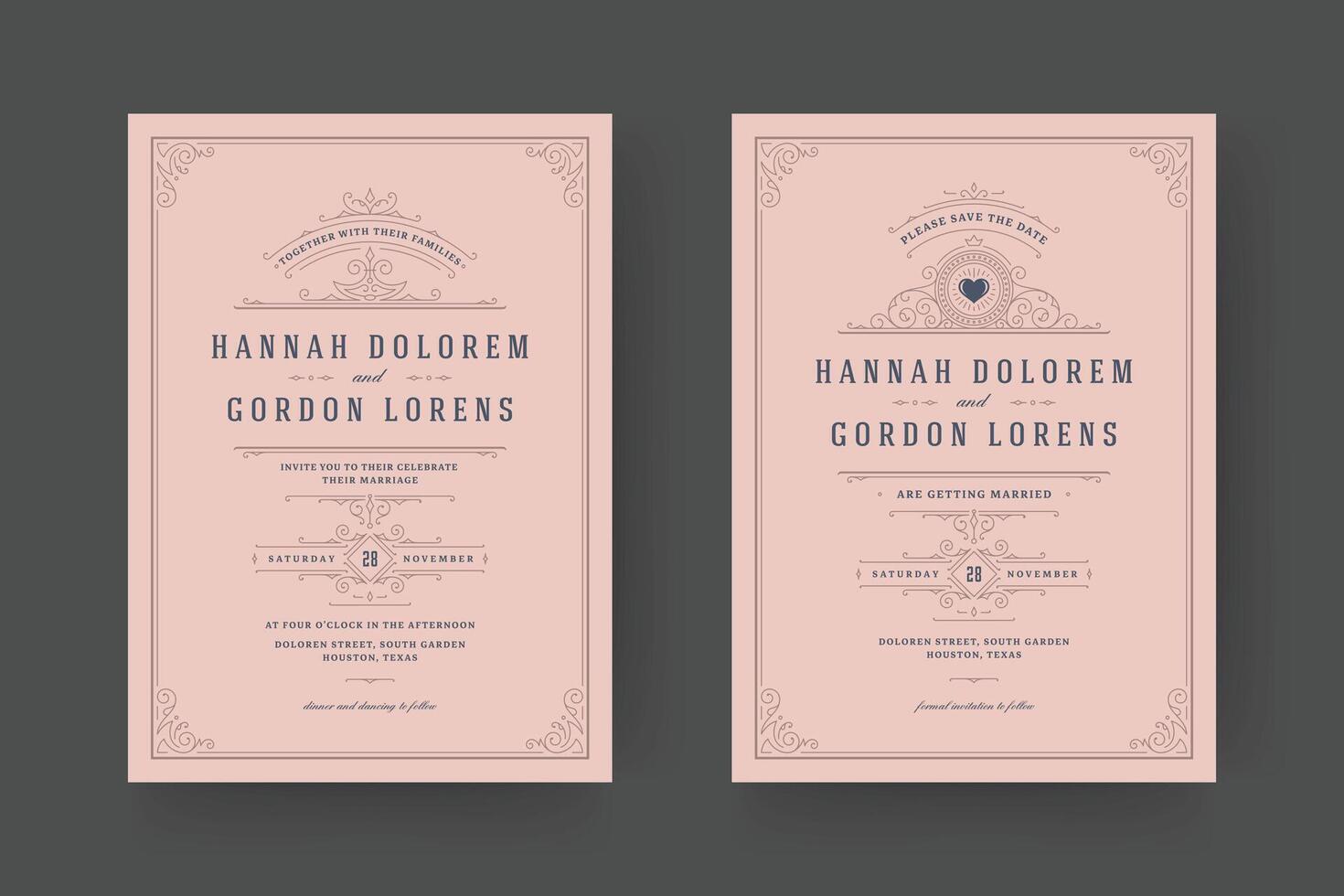 Wedding invitation and save the date cards flourishes ornaments vignette swirls. vector