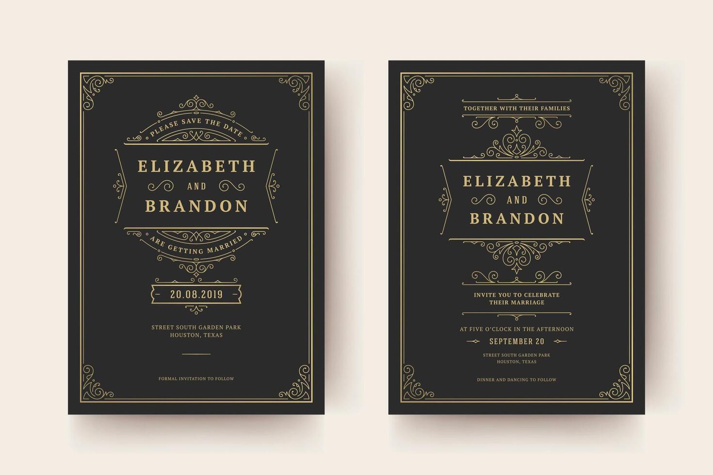 Wedding invitation save the date card template elegant flourishes ornaments vignette swirls illustration vector