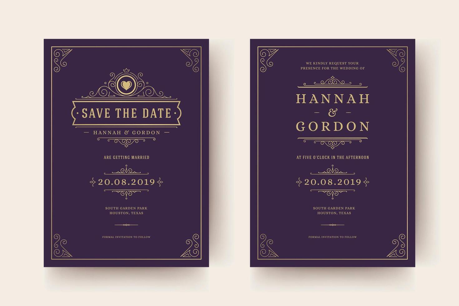 Wedding invitation and save the date cards flourish ornaments vignette swirls. vector