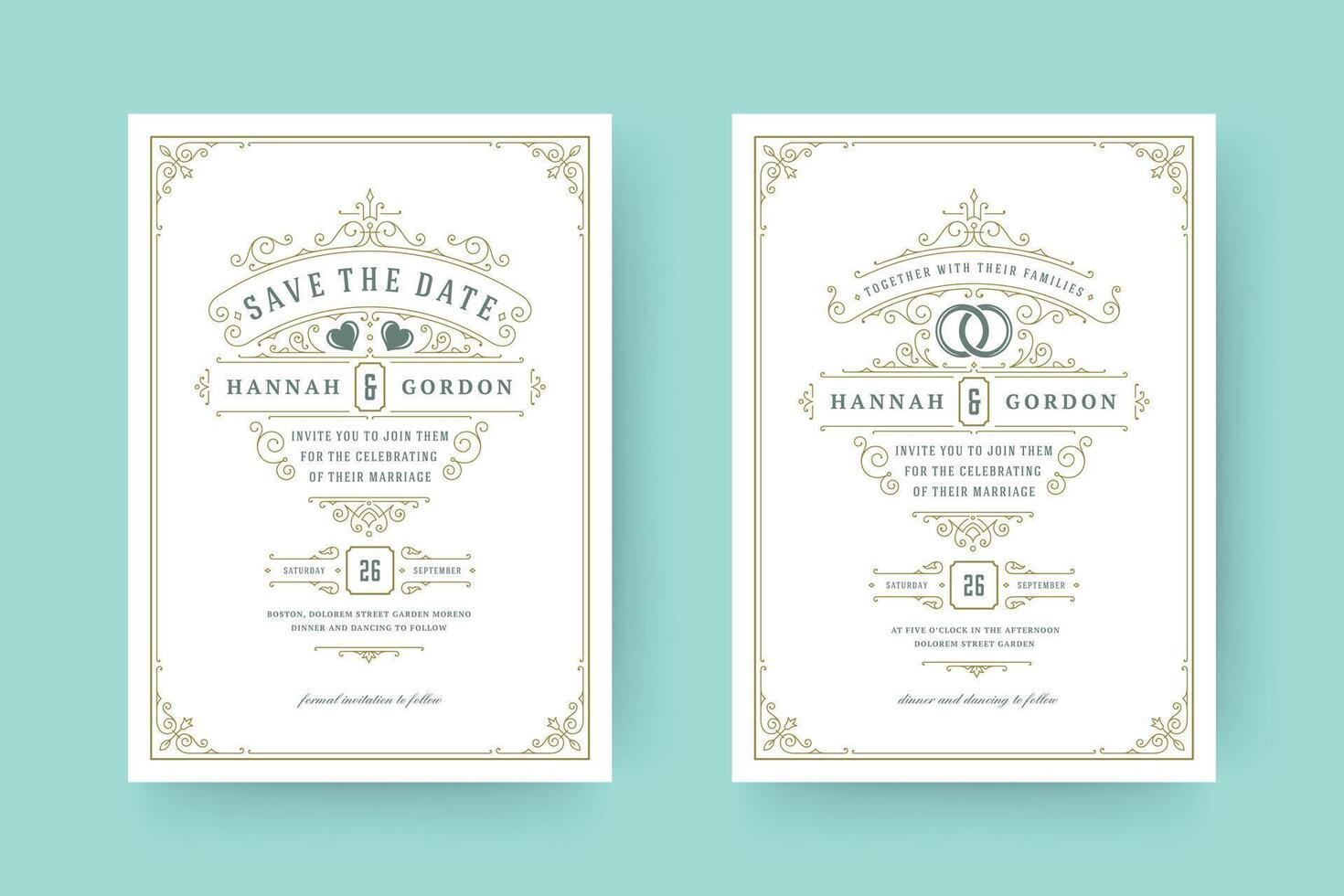 Wedding invitation and save the date cards flourishes ornaments vignette swirls. vector