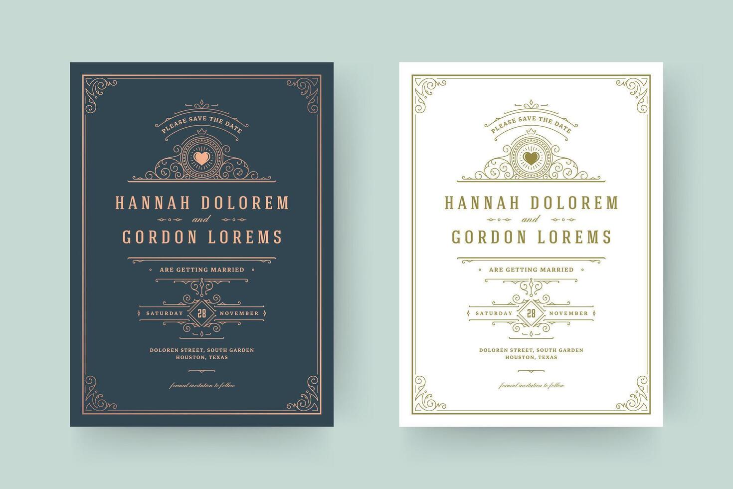 Wedding invitation and save the date cards flourishes ornaments vignette swirls vector