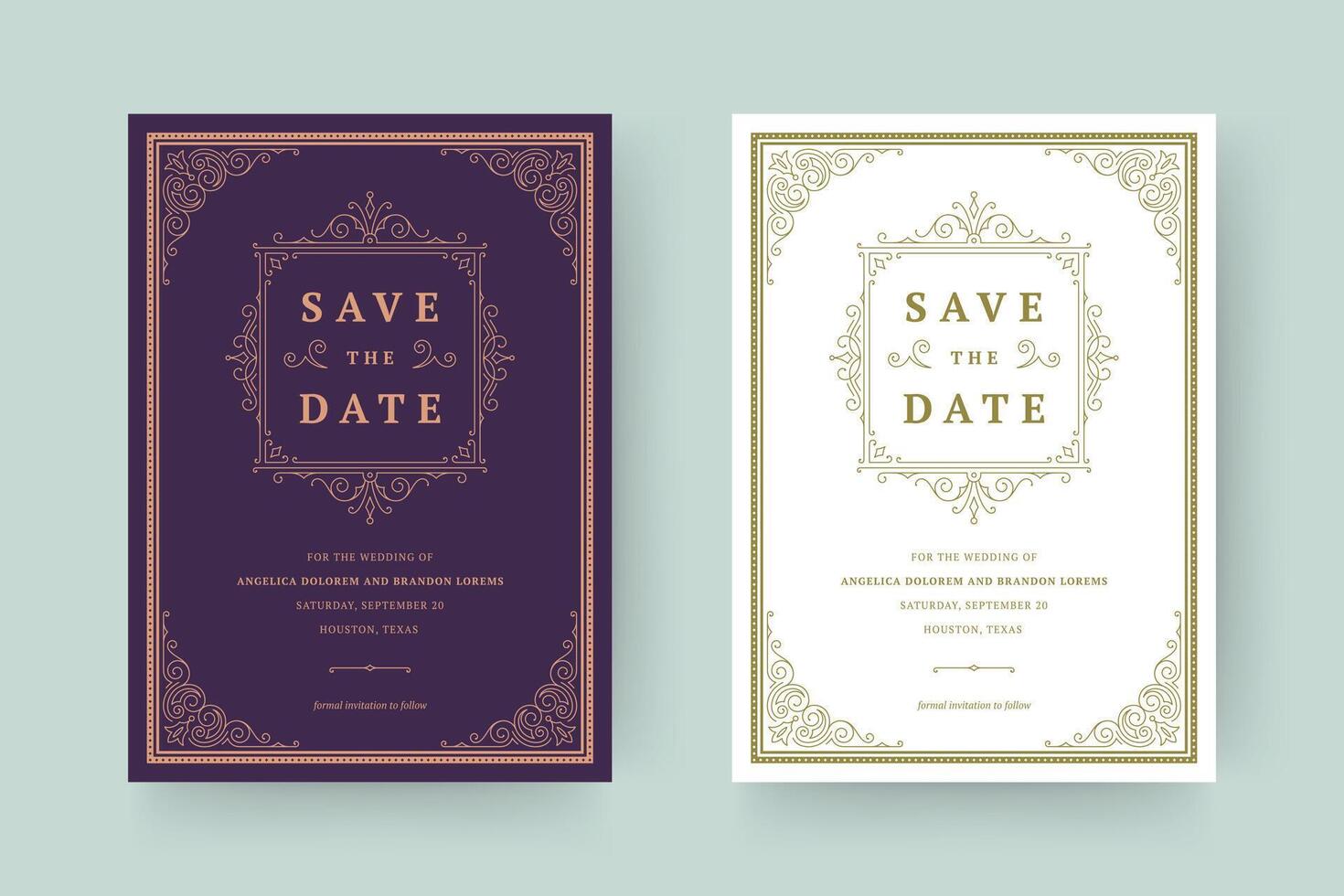 Wedding invitation save the date card template elegant flourishes ornaments vignette swirls illustration vector