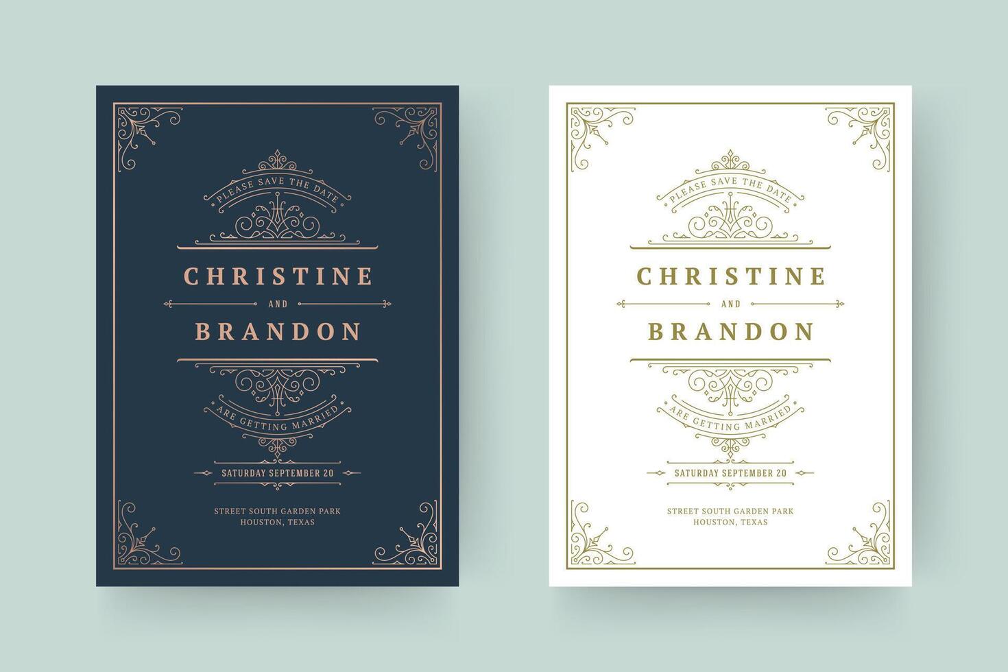 Wedding invitation and save the date cards flourishes ornaments vignette swirls. vector