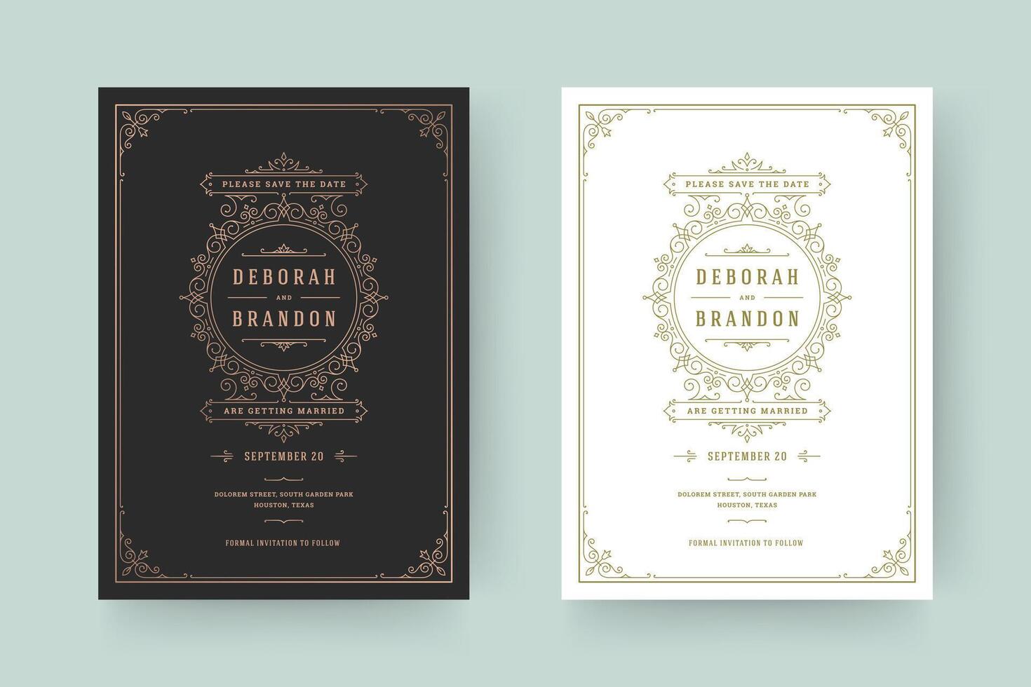 Wedding invitation save the date card template elegant flourishes ornaments vignette swirls illustration. vector