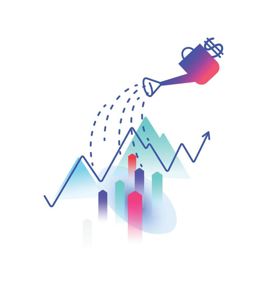 Illustration on the topic of financial income. Profit and investment. Watering can water the profit chart. Image is isolated on a white background. Logo for the company. Growth of money. vector