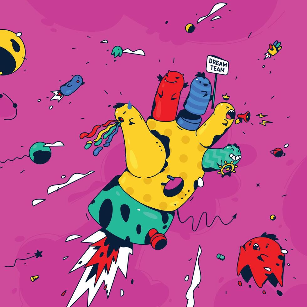 Abstract illustration of the hand. Surrealistic hand with fingers characters in space. Rocket-hand, the symbol of the chief and managers. Illustration for poster, banner. Image Team Dreams. vector