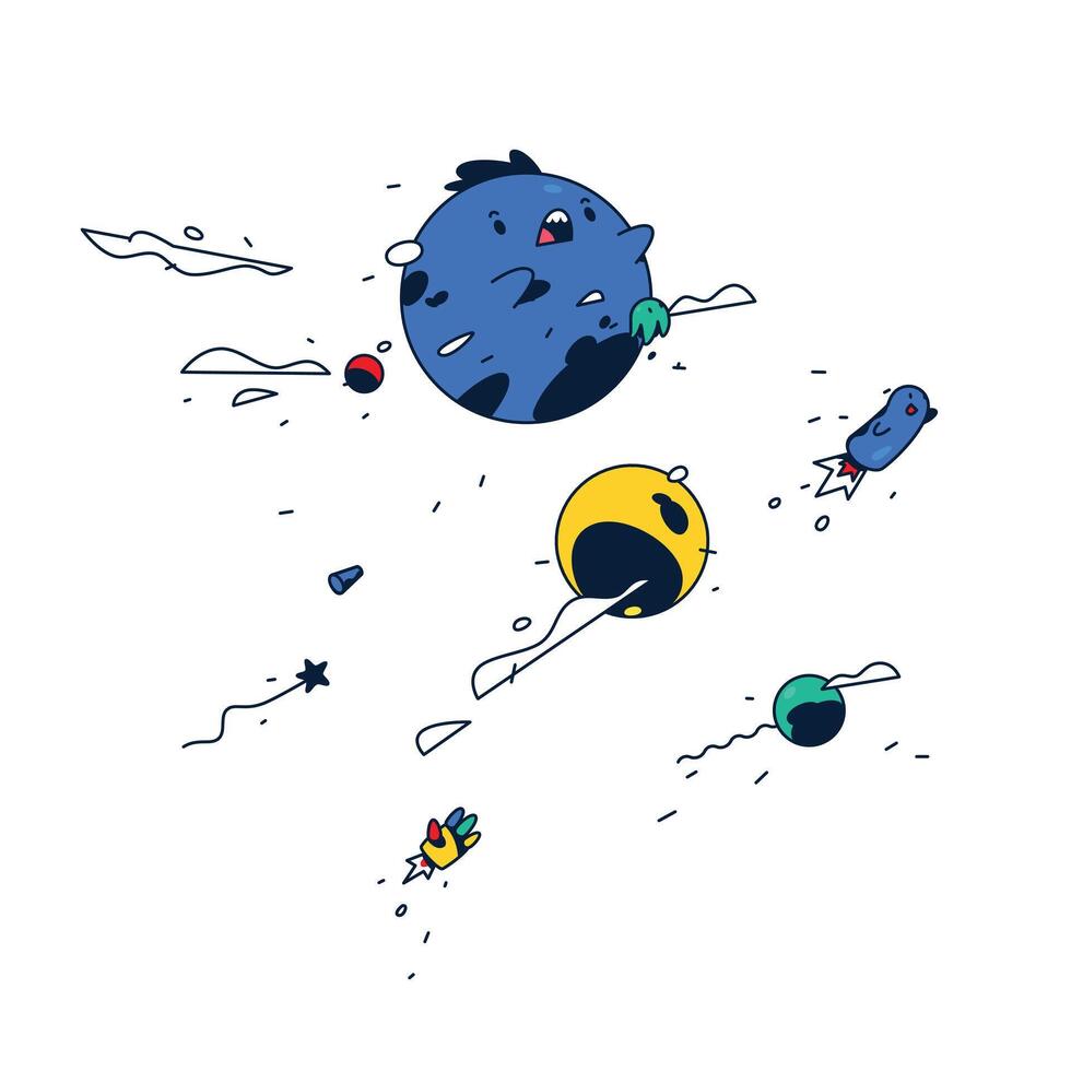 Amazing cartoon character. Blue bubble levitates in space. Cute monster. Cheerful fantasy world. Sticker. Mascot for a company or a game studio. Character for the game. vector