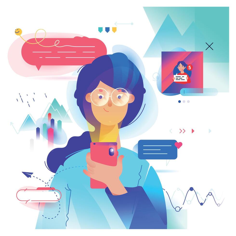 Cartoon girl communicates by phone in the messenger. Cute female image. Woman chatting and social networks. Illustration for banner or website. Marketing and advertising, smm. Sales, statistics. vector