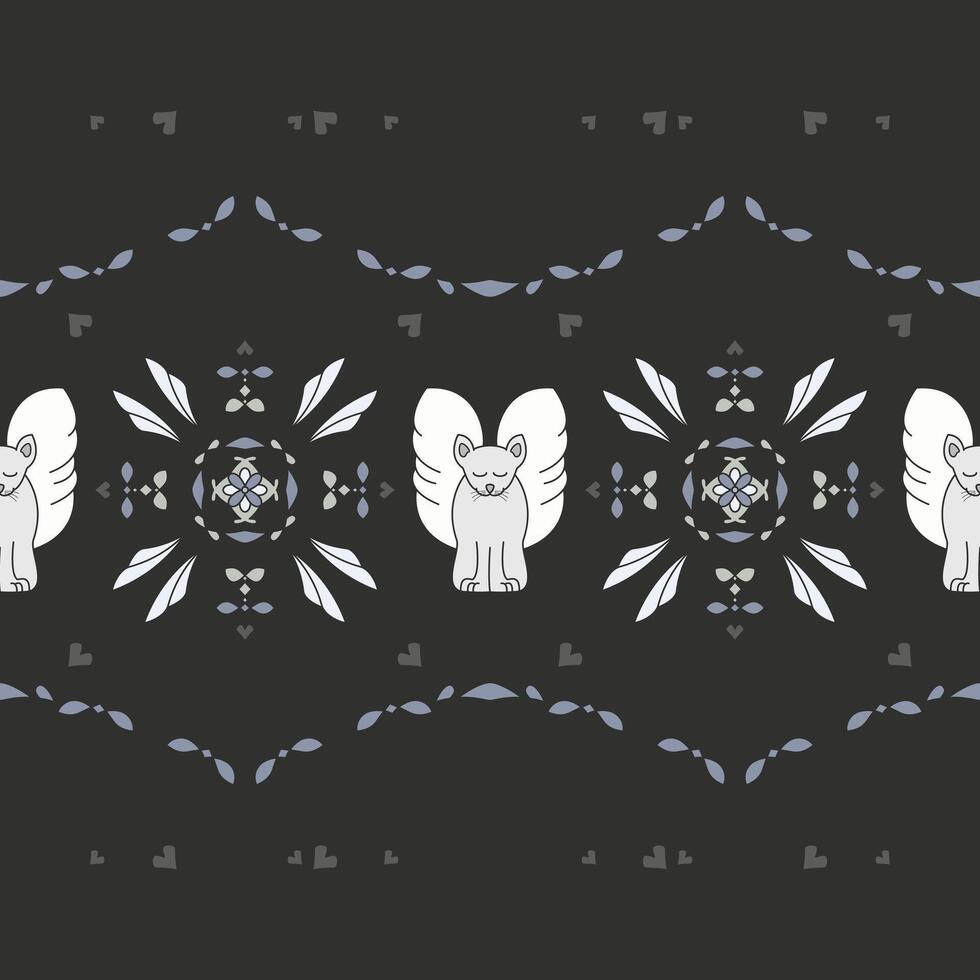 Seamless pattern. Pretty angel cat with closed eyes. Background Dark Gray. vector