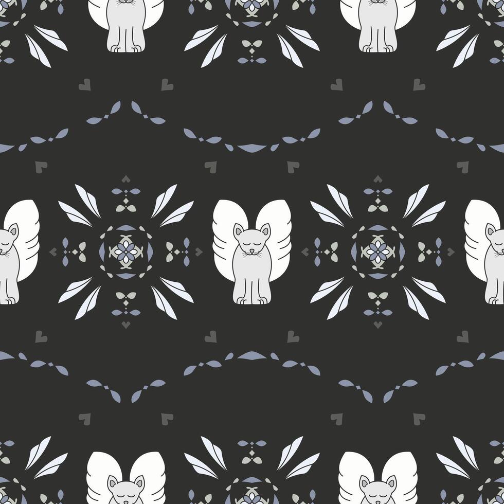 Seamless pattern. Pretty angel cat with closed eyes. Background Dark Gray. vector