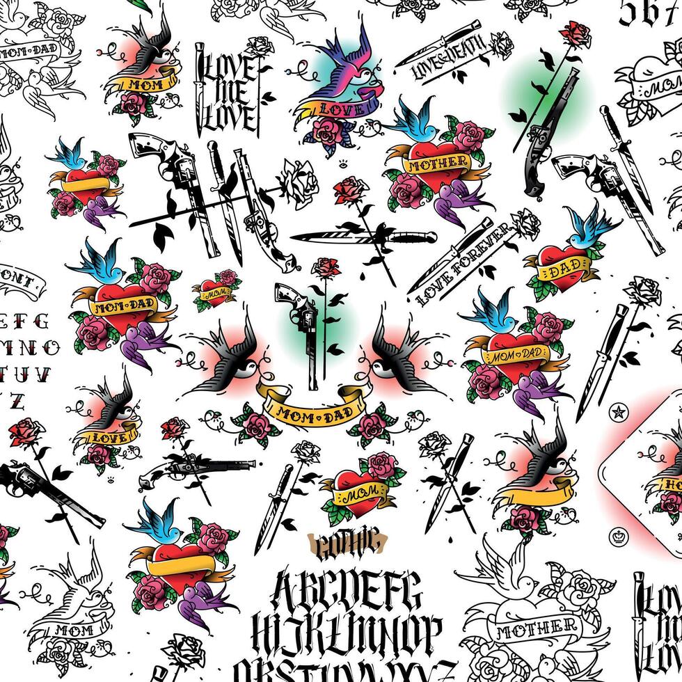 Tattoo illustration, gun, knife and rose. Cold and firearms. Gothic. The style of the old American school. Heart with a swallow and inscriptions. Pattern, ornament for fabric. vector