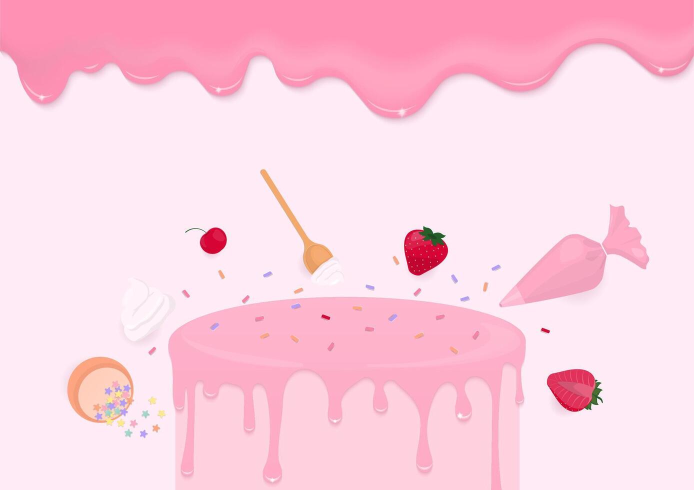Pink liquid and strawberry cake background vector