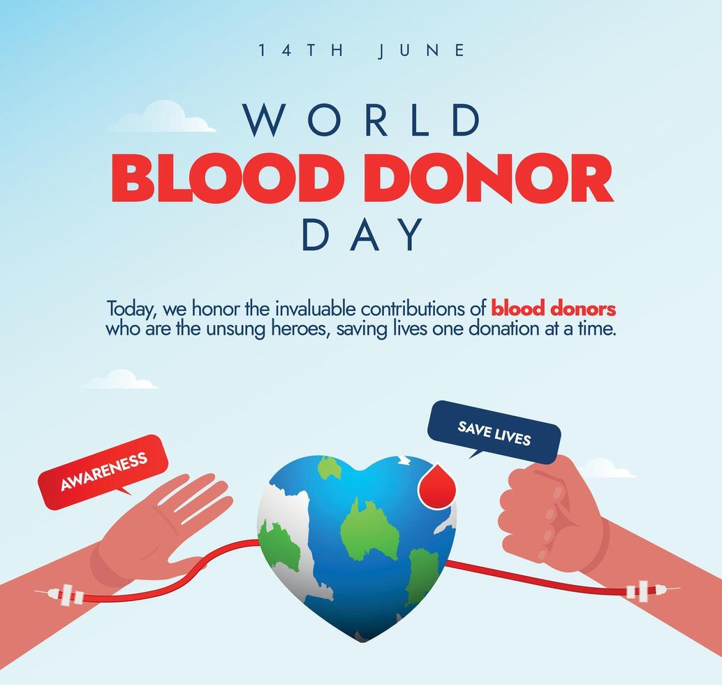 World Blood donor day. 14th June world blood donor day celebration banner, social media post with blood transfusing from one hand to another hand through earth globe. Saving lives by donating blood. vector