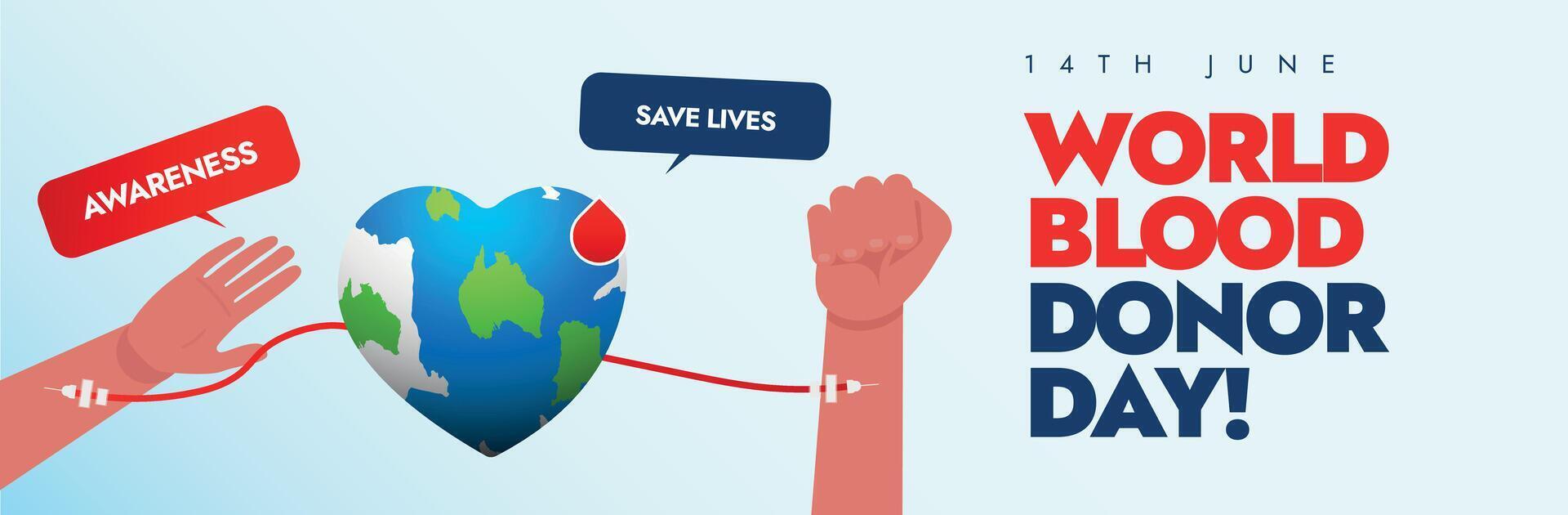 World Blood donor day 2024. 14th June world blood donor day celebration cover banner, post with blood transfusing from one hand to another hand through earth globe. Saving lives by donating blood. vector