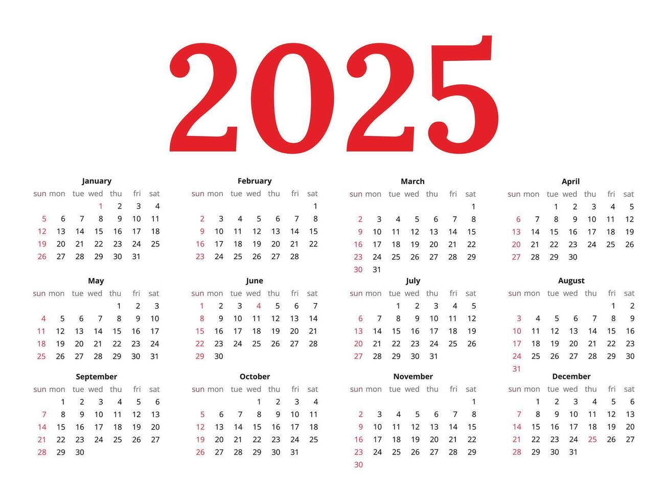 American calendar for 2025 vector