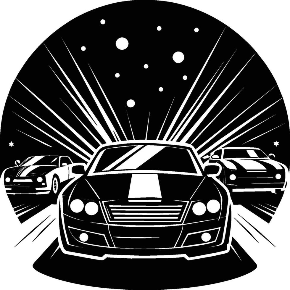 Race car silhouette on white background. Vehicle linocut vector