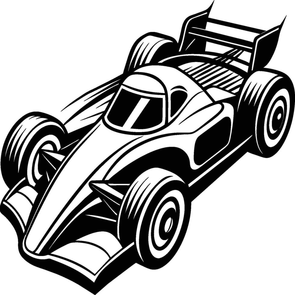 Race car silhouette on white background. Vehicle linocut vector