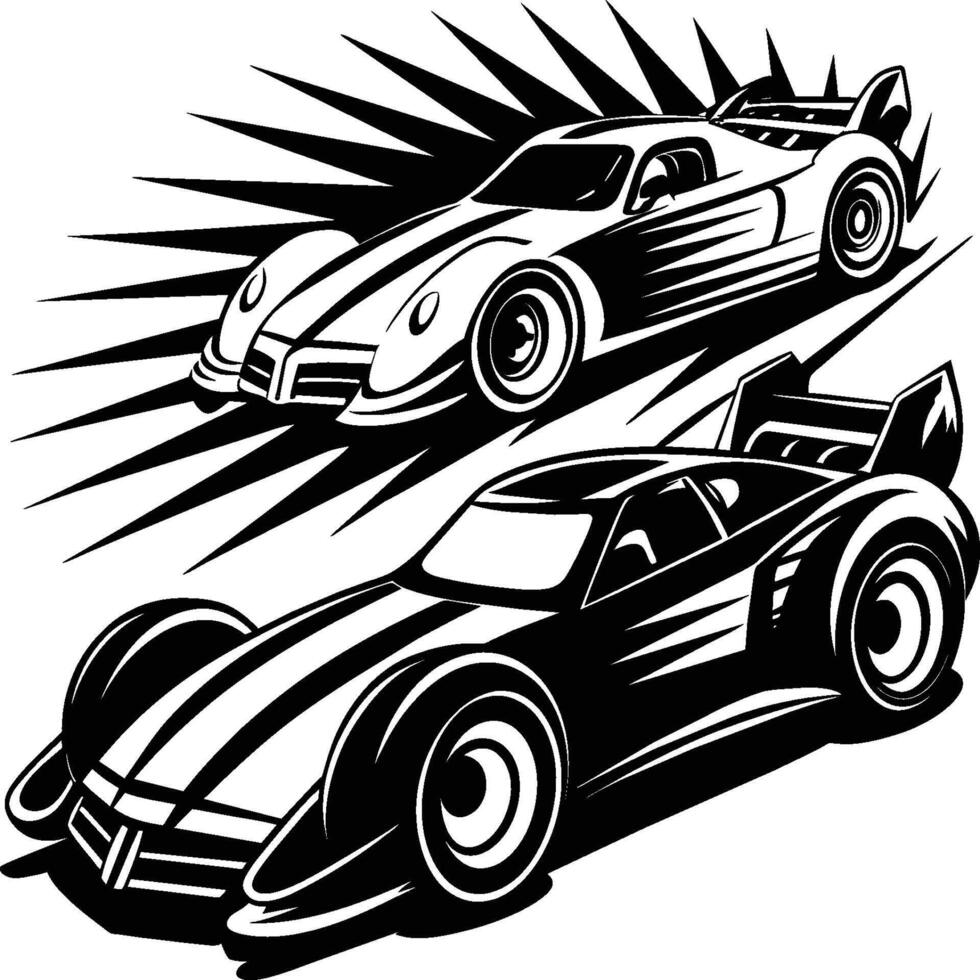Race car silhouette on white background. Vehicle linocut vector