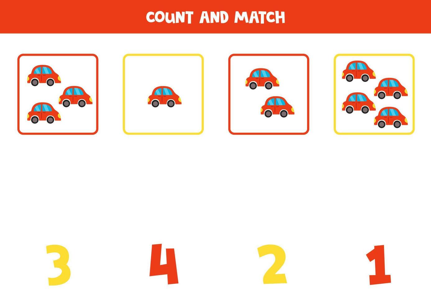 Counting game for kids. Count all red toy cars and match with numbers. Worksheet for children. vector