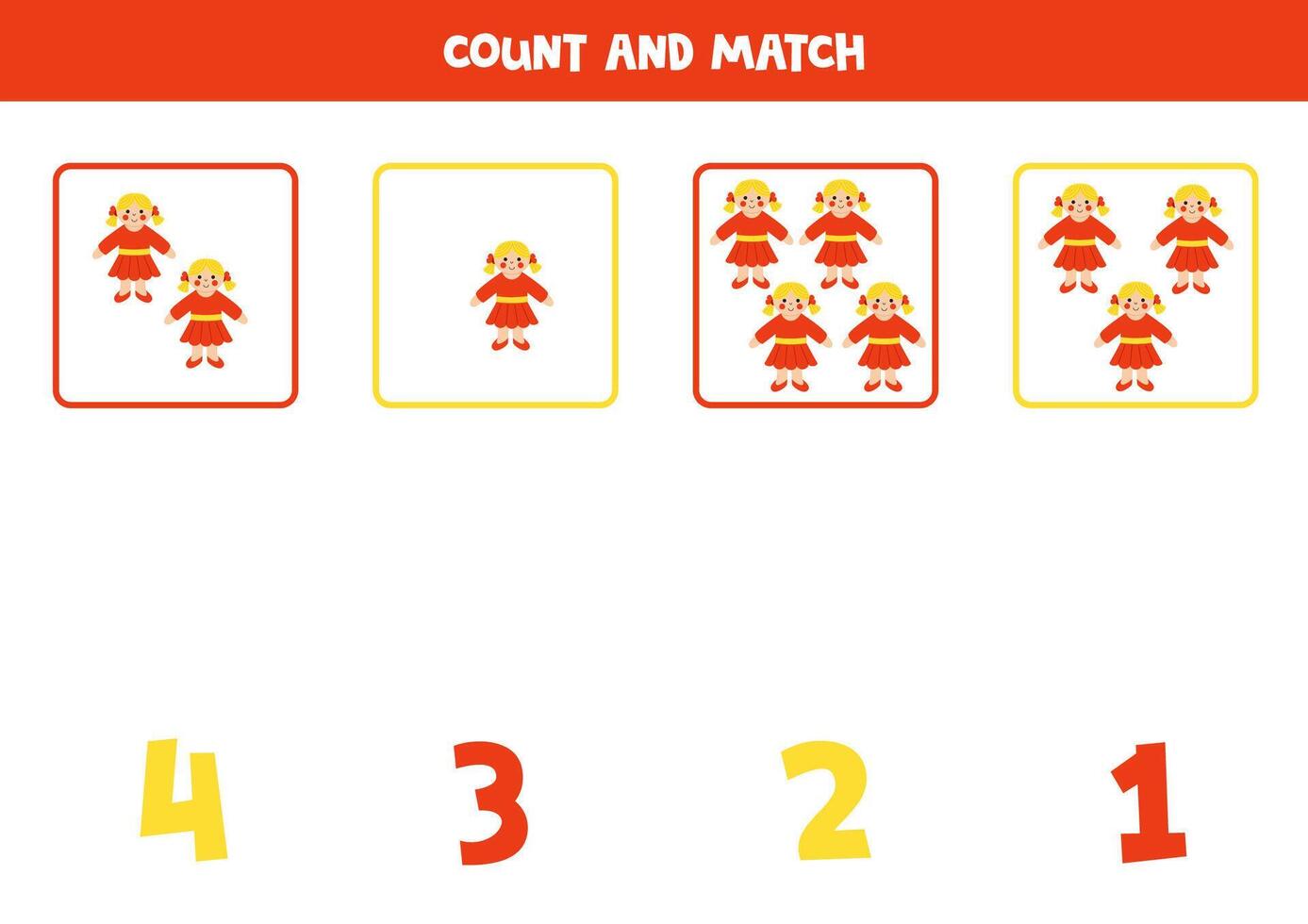 Counting game for kids. Count all dolls and match with numbers. Worksheet for children. vector