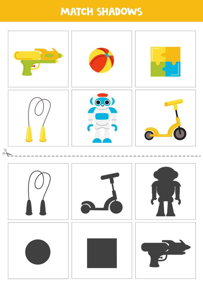 Find shadows of cute cartoon toys. Cards for kids. vector