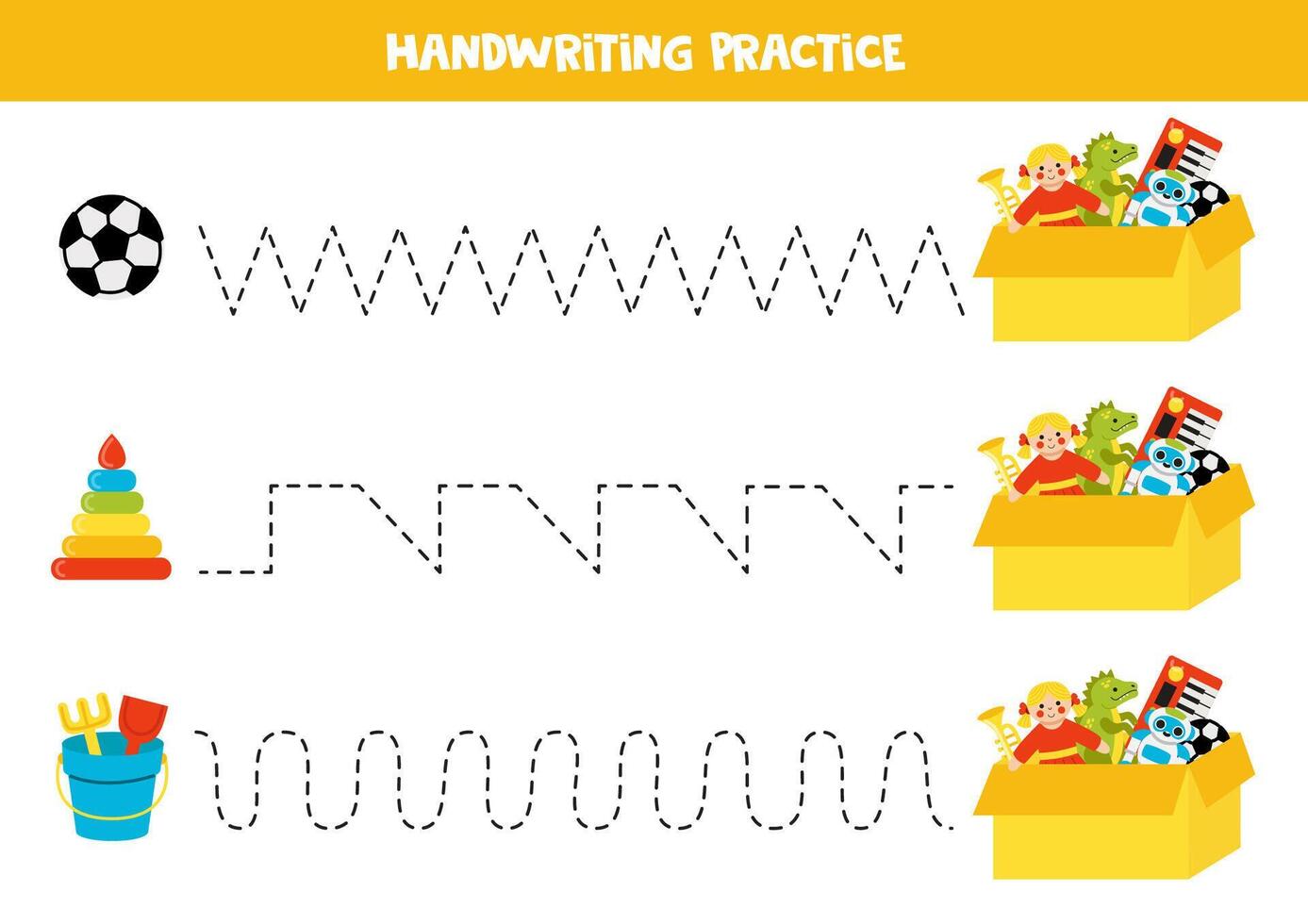 Tracing lines with cute cartoon toys and box. Writing practice. vector