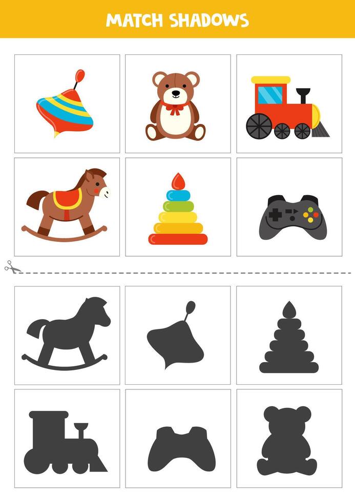 Find shadows of cute cartoon toys. Cards for kids. vector