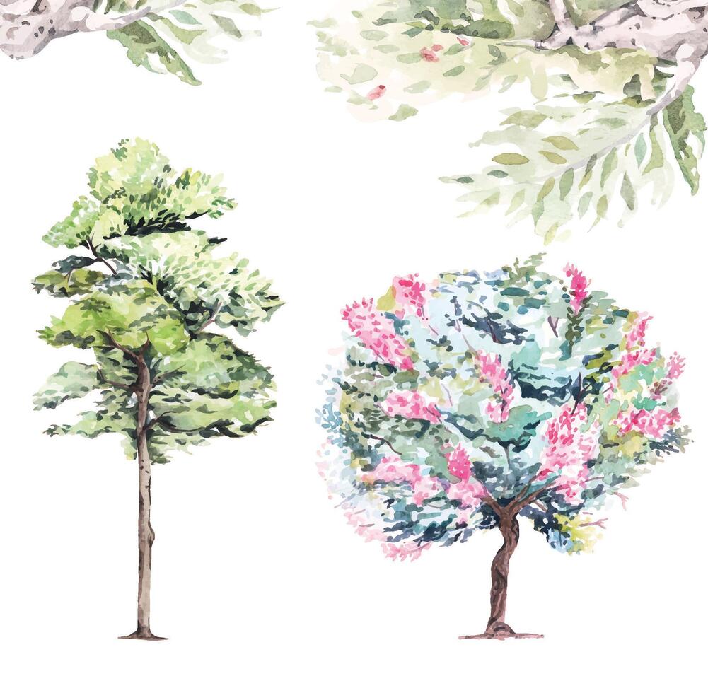 Tree with pink flowers.Bushes for landscape design.For decorating cards.Hand drawn tree watercolor vector