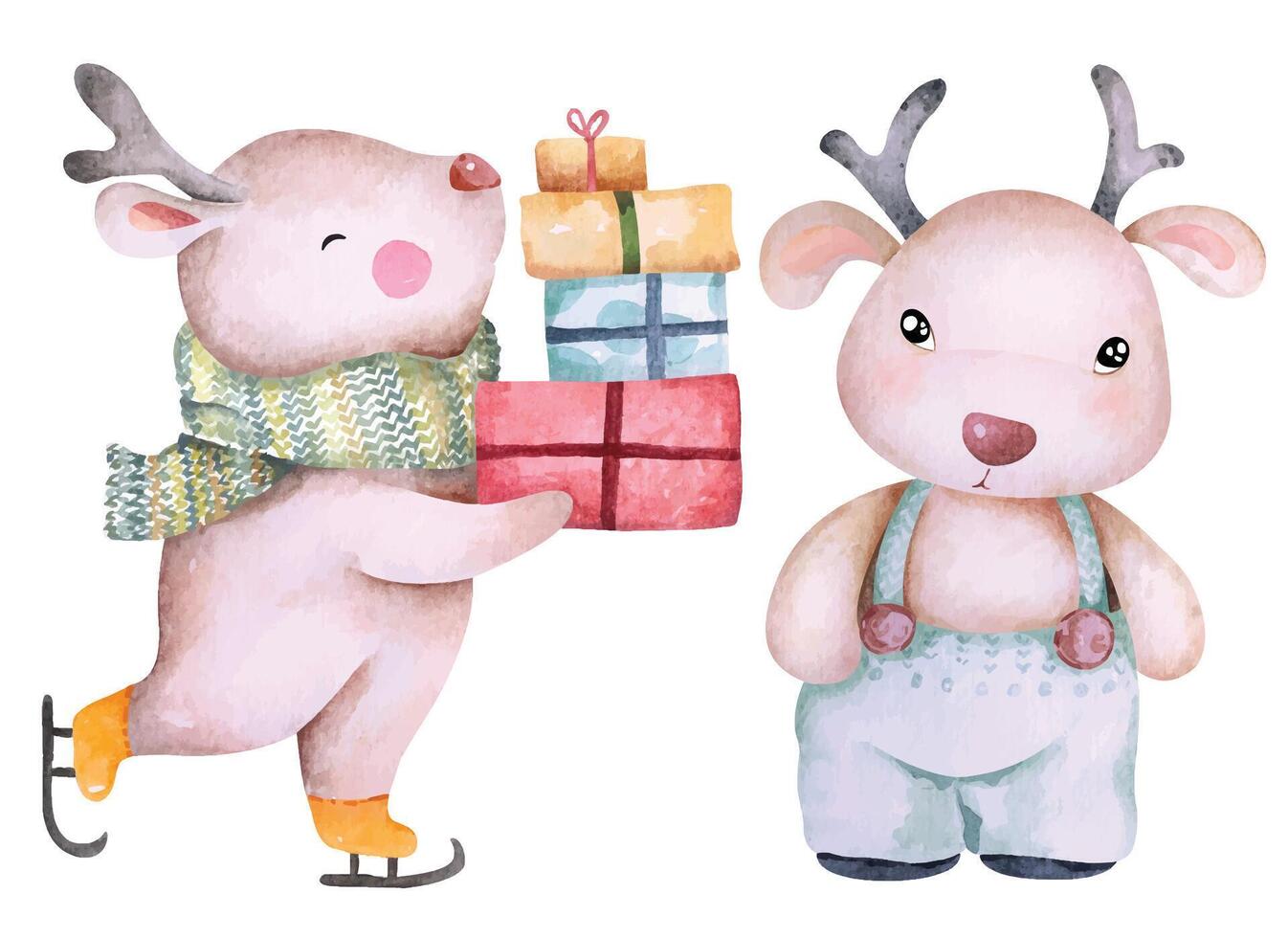 Cartoon deer holding gift and playing ice skating.Hand drawn watercolor.Cute wild animal cartoon.Suitable for children. vector