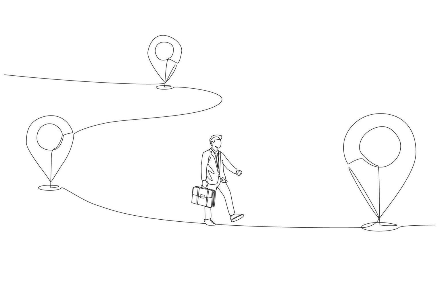 Continuous one line drawing of businessman holding briefcase walking to new map pin icon, working with new company, moving to work in new workplace concept, single line art. vector