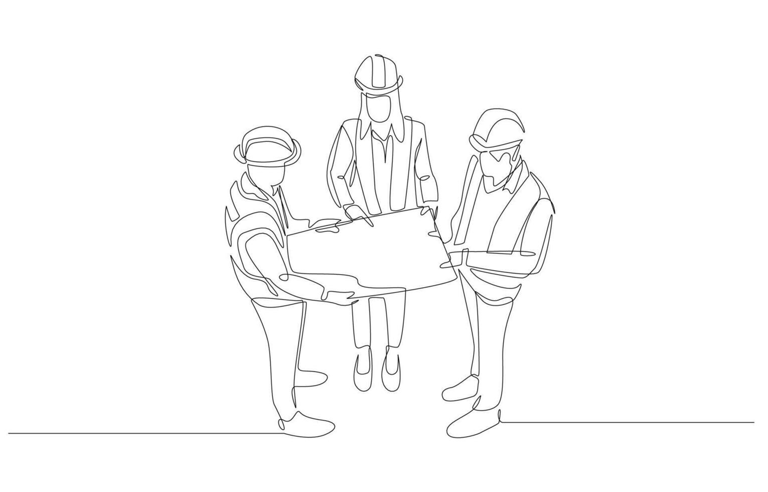 Continuous one line drawing of female construction manager discussing construction blueprint with two foremen, construction related business concept, single line art. vector