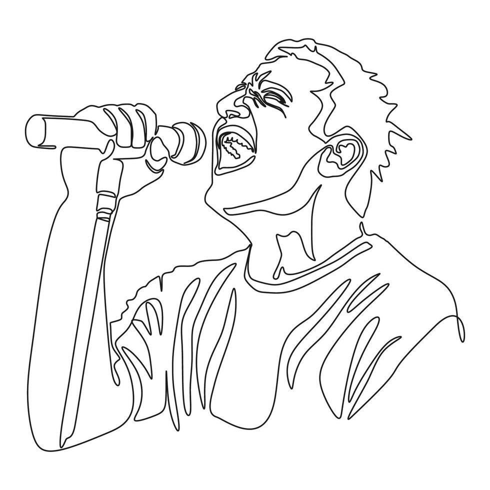 Man singer silhouette, man singing on mic, singer singing silhouette, vocalist singing to microphone One continuous line illustration vector