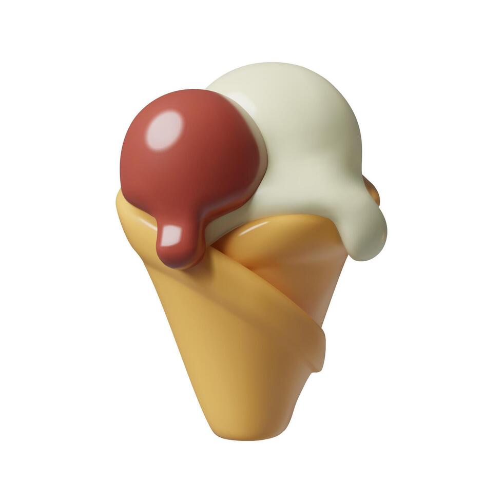 Ice cream cone 3d icon with melting chocolate scoop in waffle cup cute food summer emoji vector